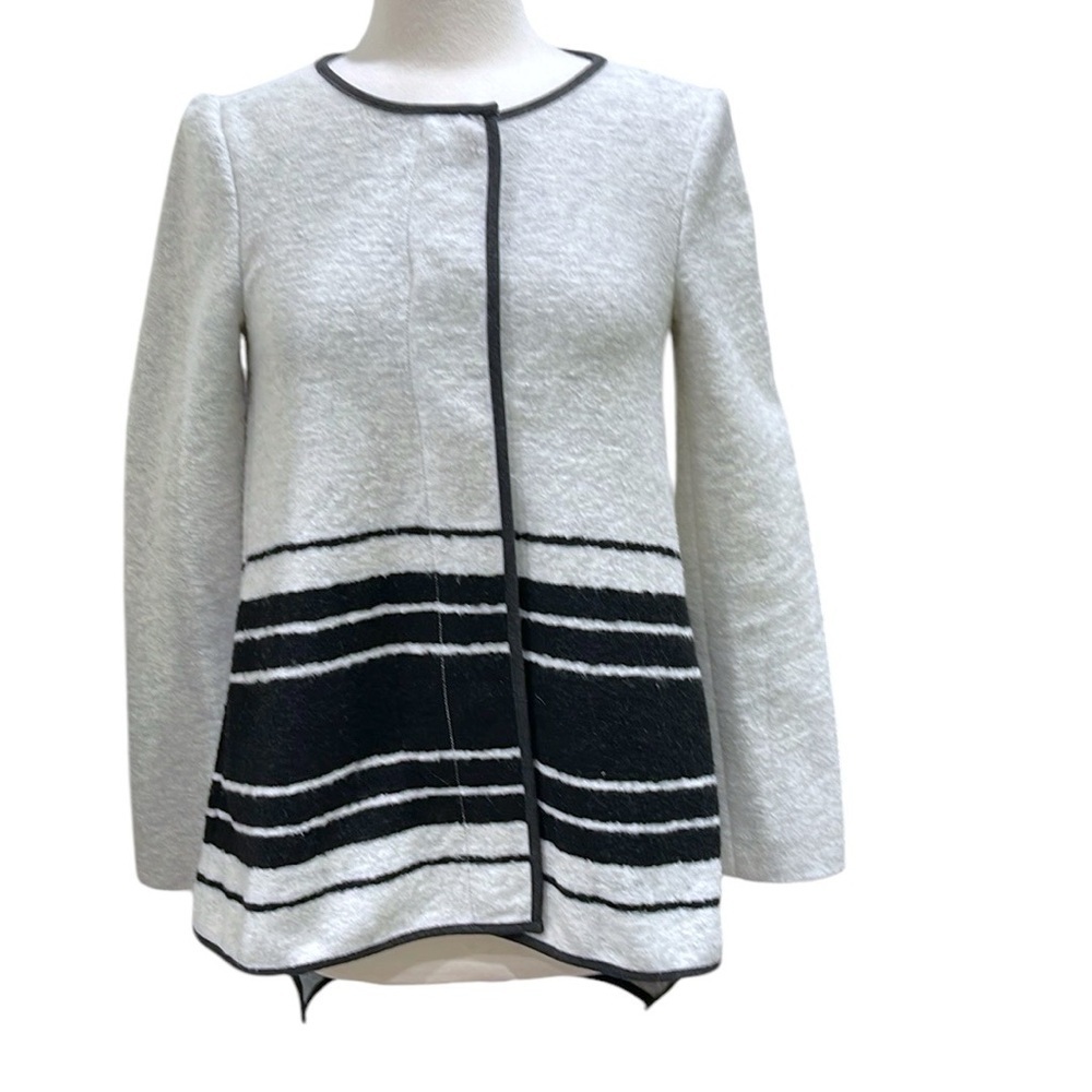 Anthropologie Elevenses Wool Blend High Low Stripe Jacket SZ S Black Grey - Picture 2 of 7